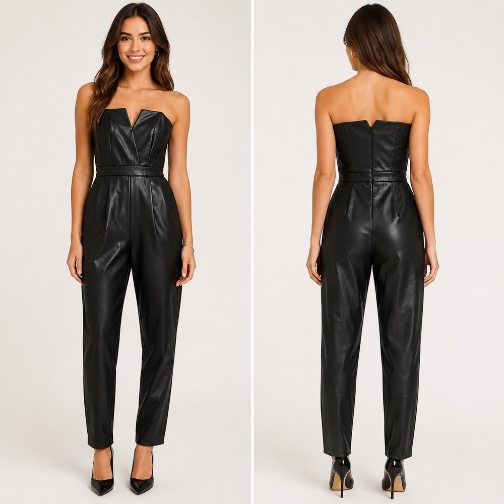 Vestique Edgy Chic Baddie Bombshell Jumpsuit Black Faux Leather Strapless NWT